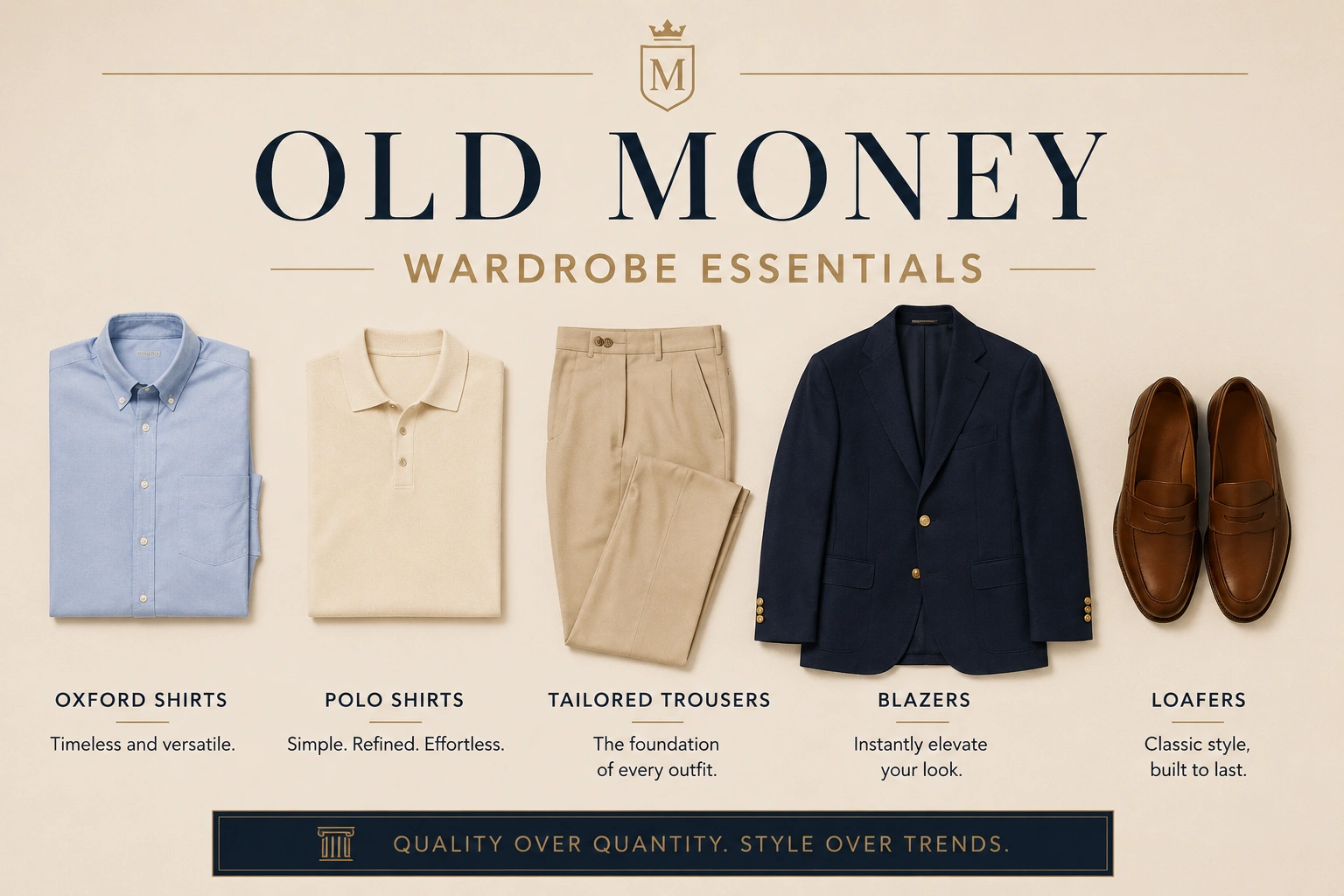 Old money wardrobe essentials for men including Oxford shirts polo shirts blazers trousers and loafers