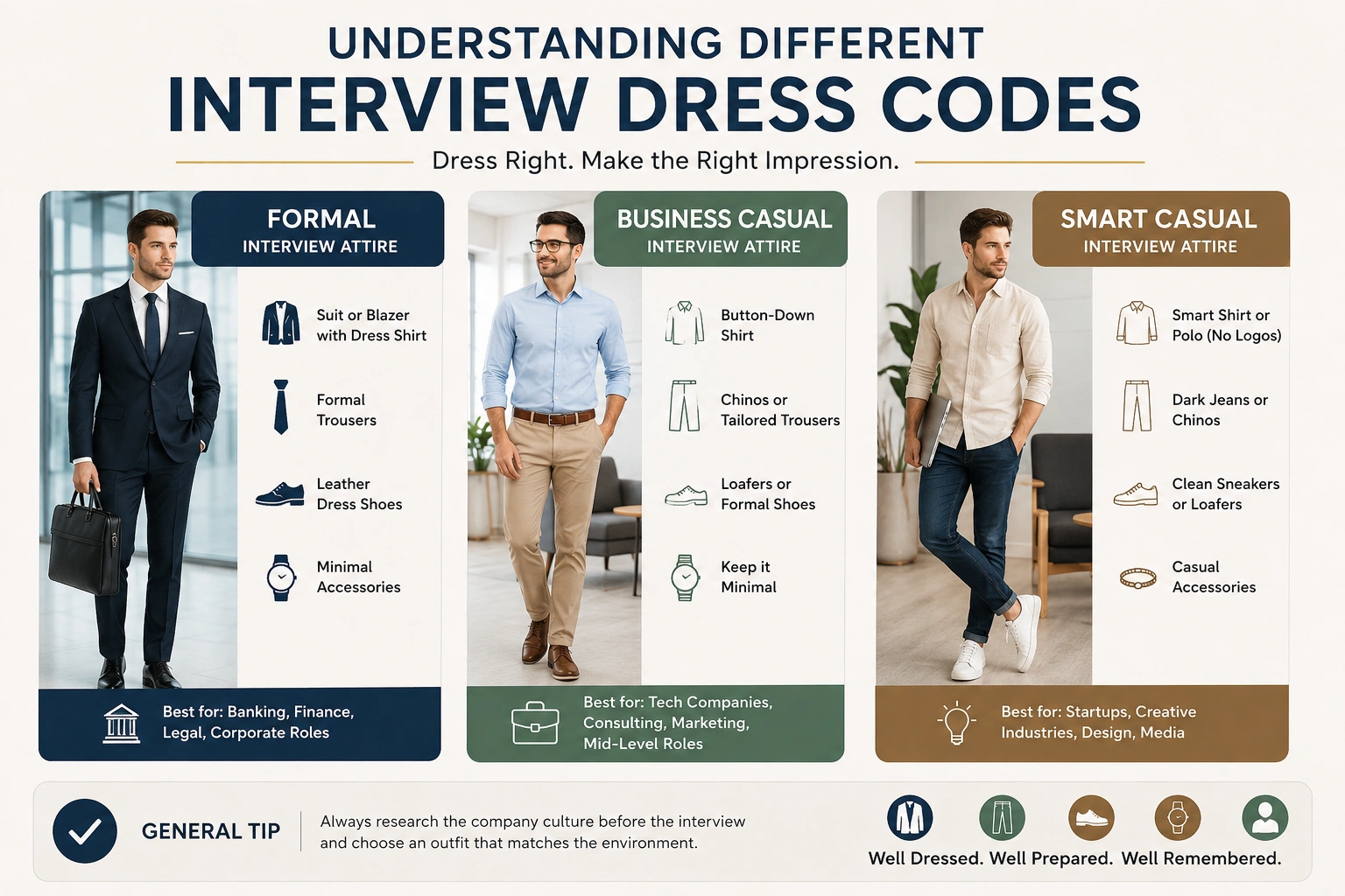 Understanding different interview dress codes for men including formal business casual and smart casual attire