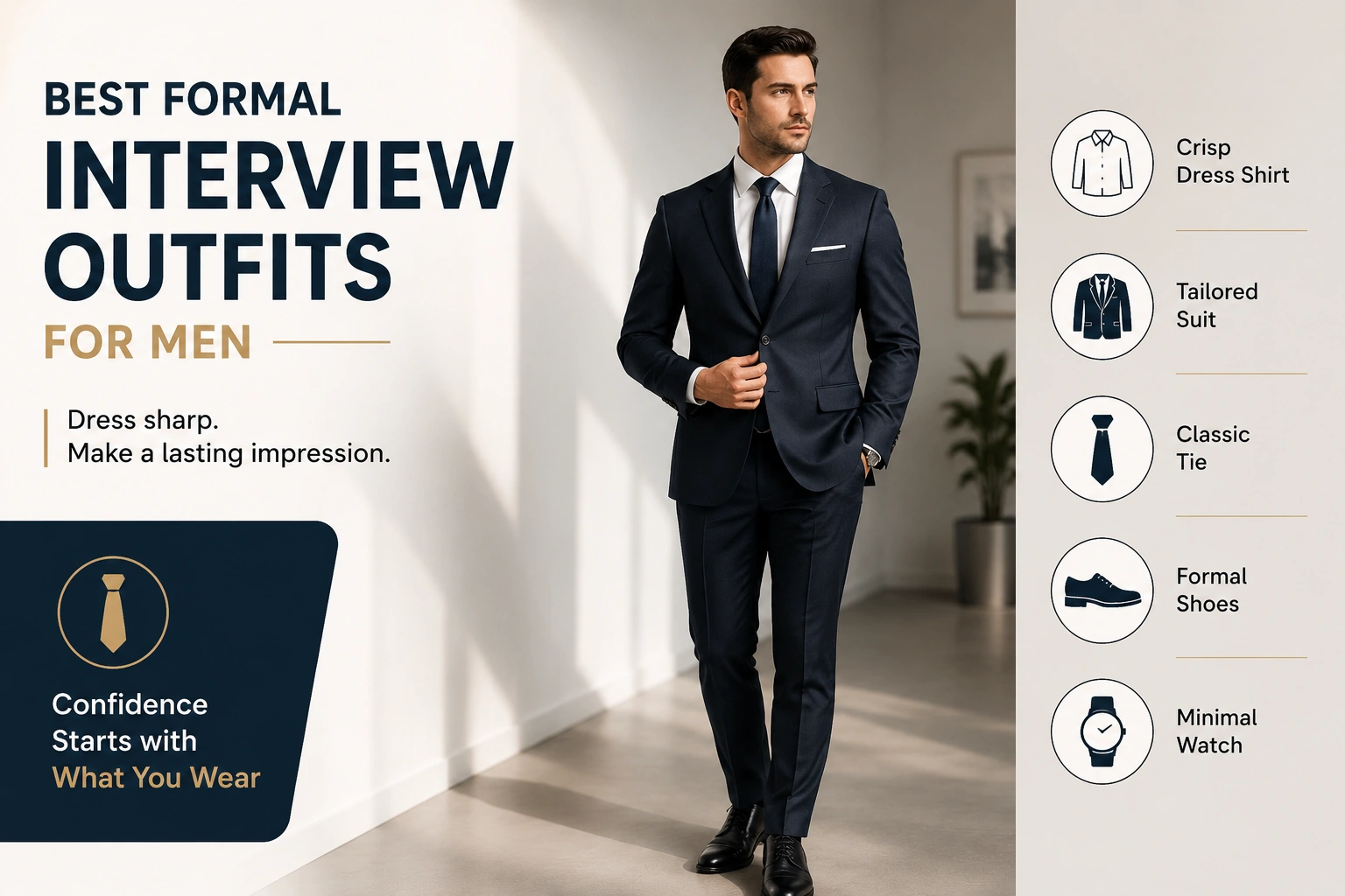 Best formal interview outfits for men featuring a navy suit white shirt formal shoes and professional accessories