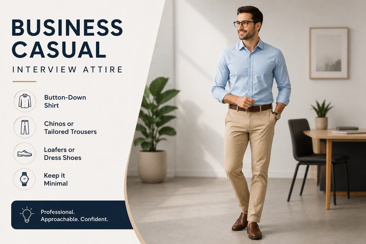 Business casual interview attire for men with button down shirt chinos and dress shoes