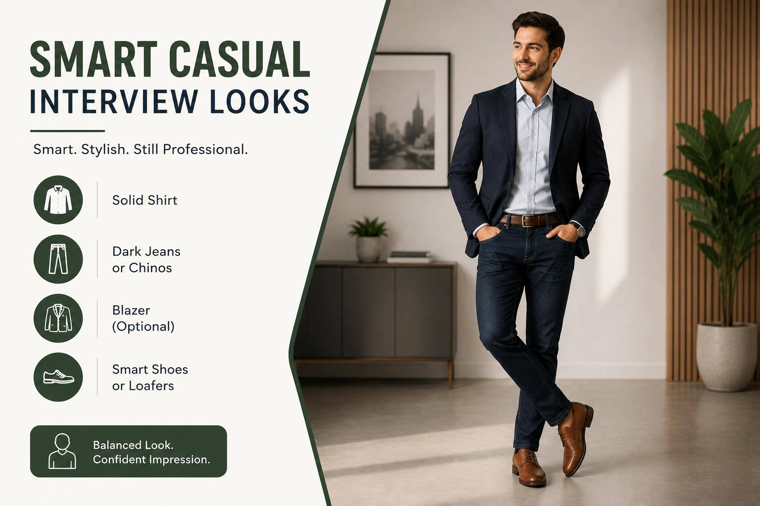 Smart casual interview looks for men with blazer dark jeans and smart shoes