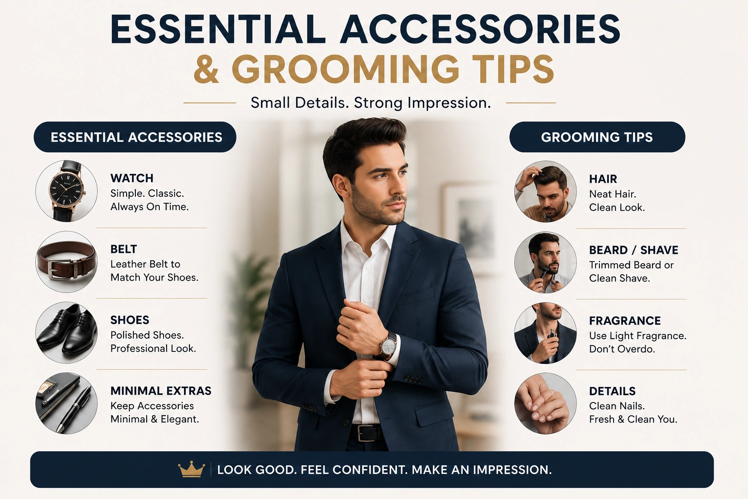 Essential interview accessories and grooming tips for men including watch shoes belt and personal grooming