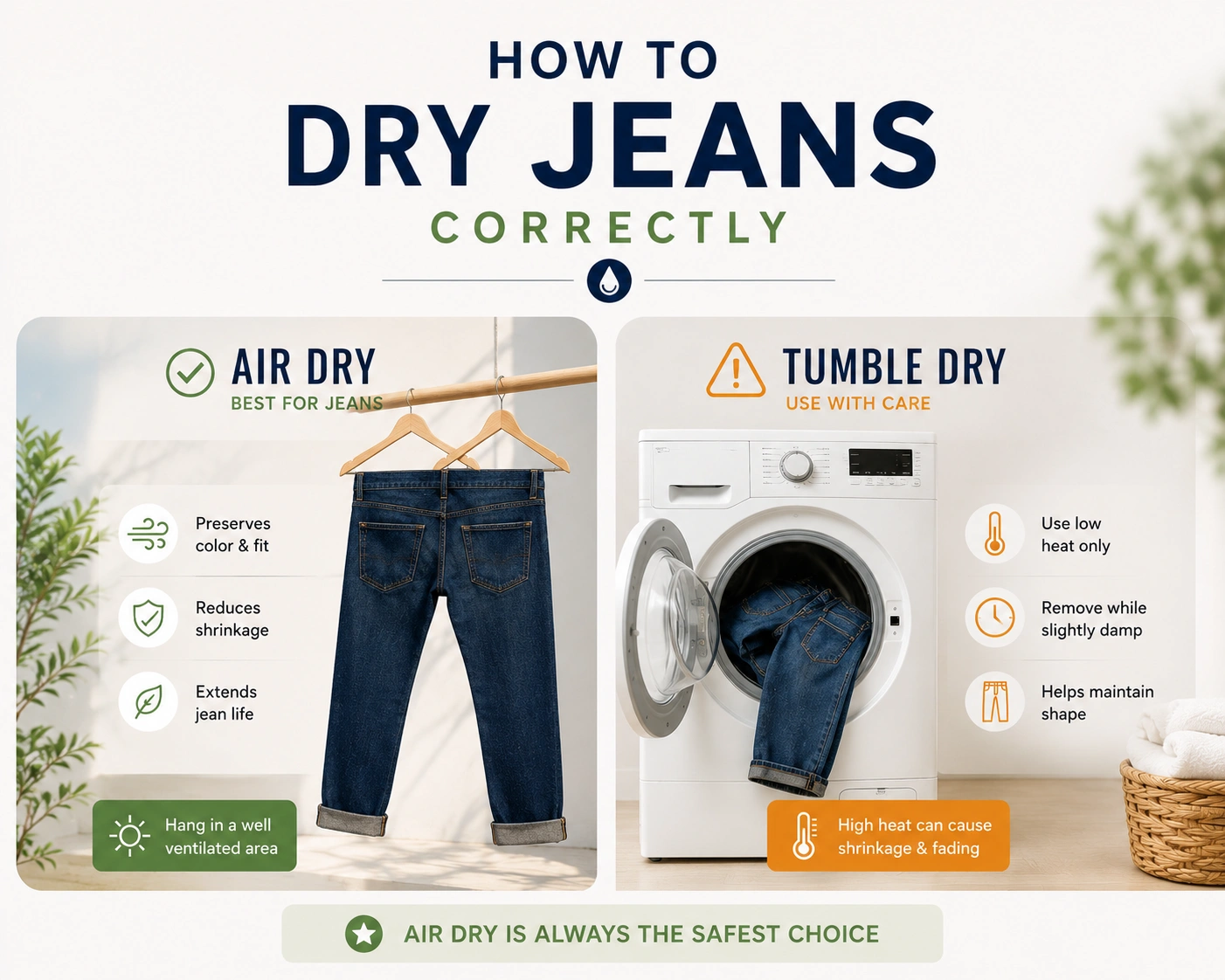How to dry jeans correctly using air drying and low heat drying methods