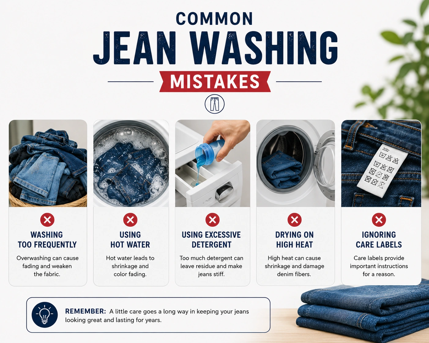Common jean washing mistakes that cause fading shrinkage and fabric damage
