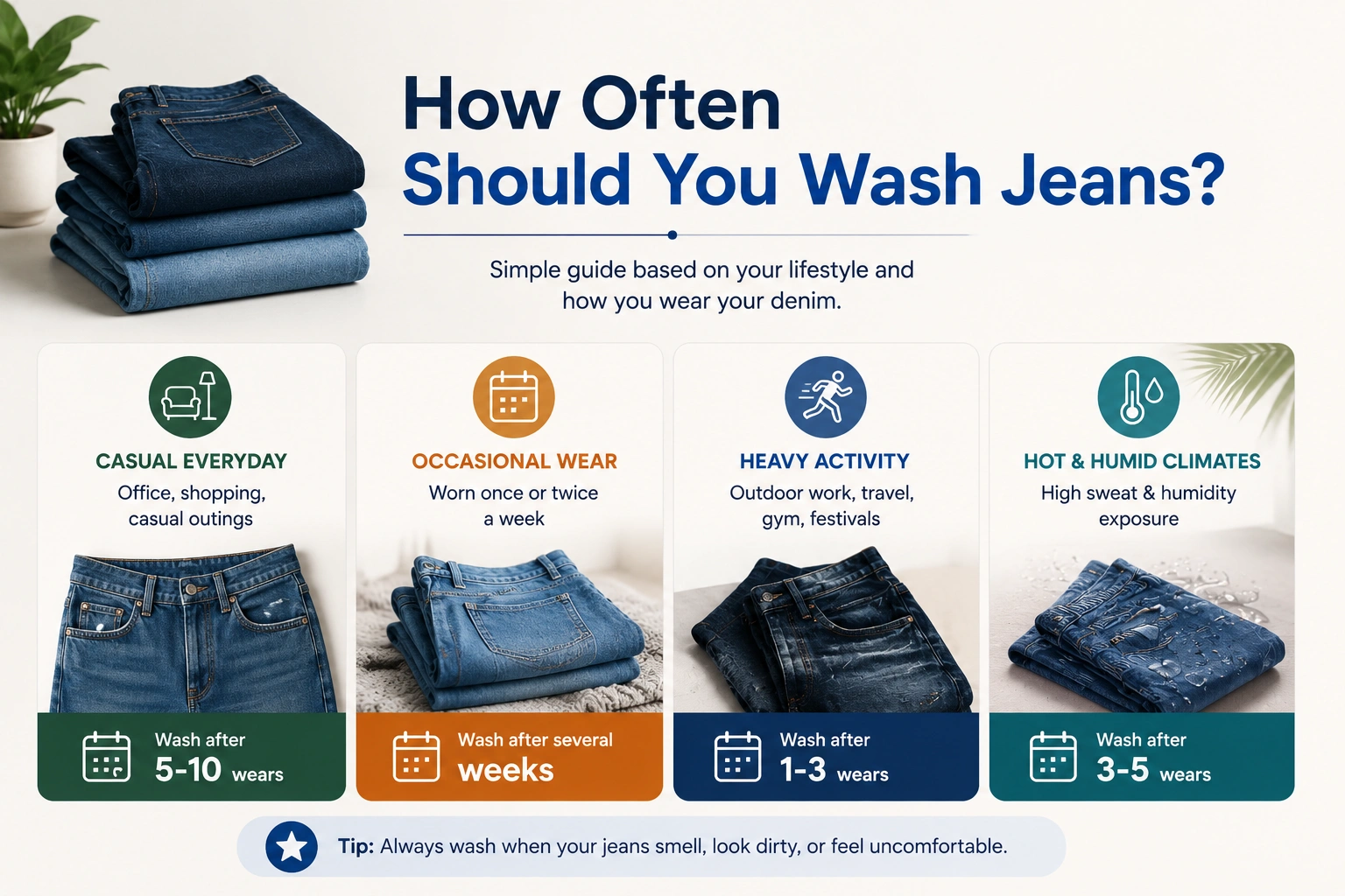 How often should you wash jeans based on lifestyle wear frequency and climate