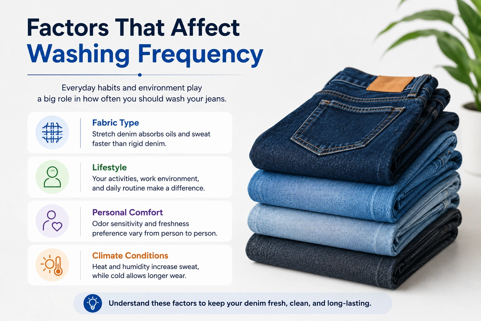 Factors that affect jean washing frequency including fabric type lifestyle and climate