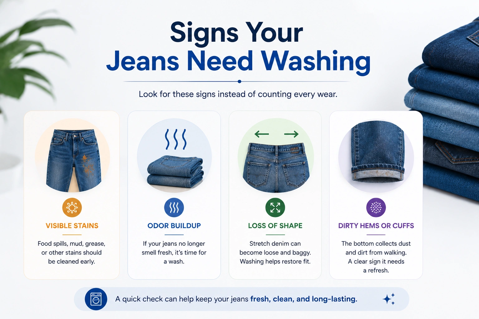 Signs your jeans need washing including stains odors loss of shape and dirty cuffs