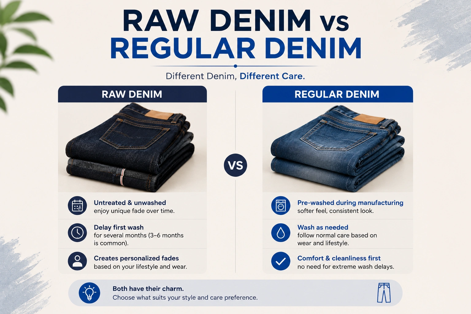 Raw denim vs regular denim comparison showing care requirements and washing differences