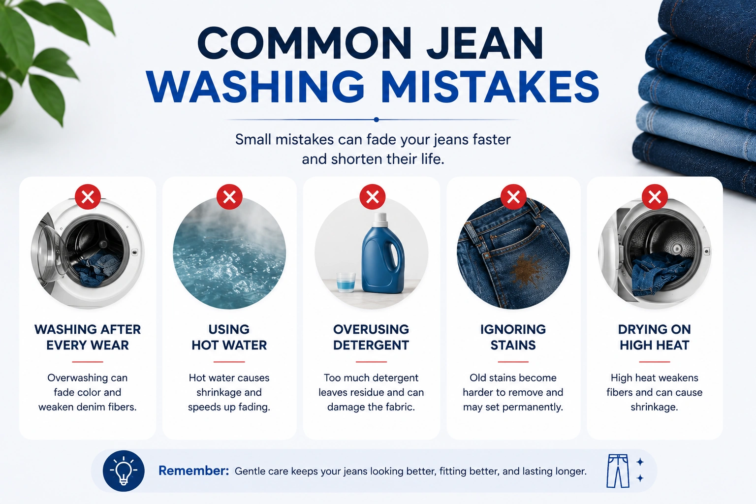 Common jean washing mistakes including overwashing hot water and high heat drying