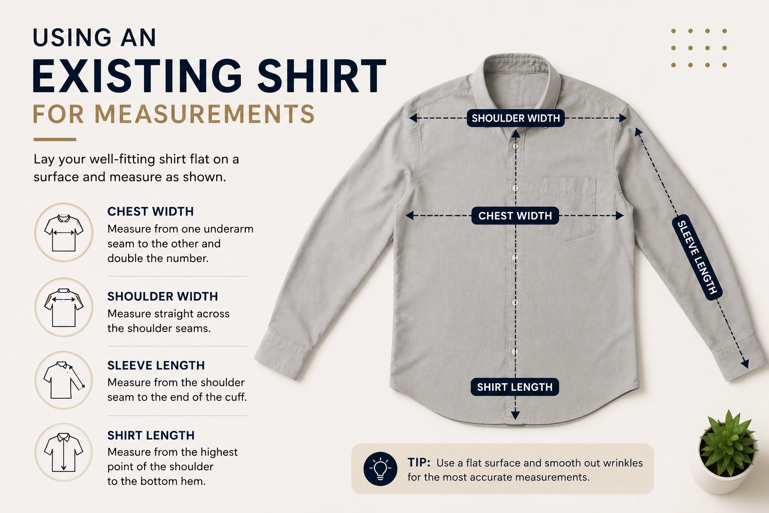 Using an existing shirt for measurements showing chest shoulder sleeve and shirt length measurement points