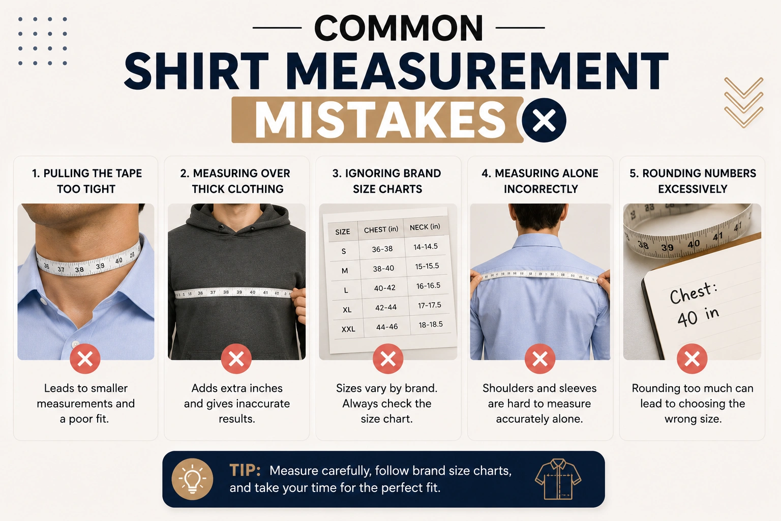 Common shirt measurement mistakes including measuring too tightly ignoring size charts and measuring over thick clothing