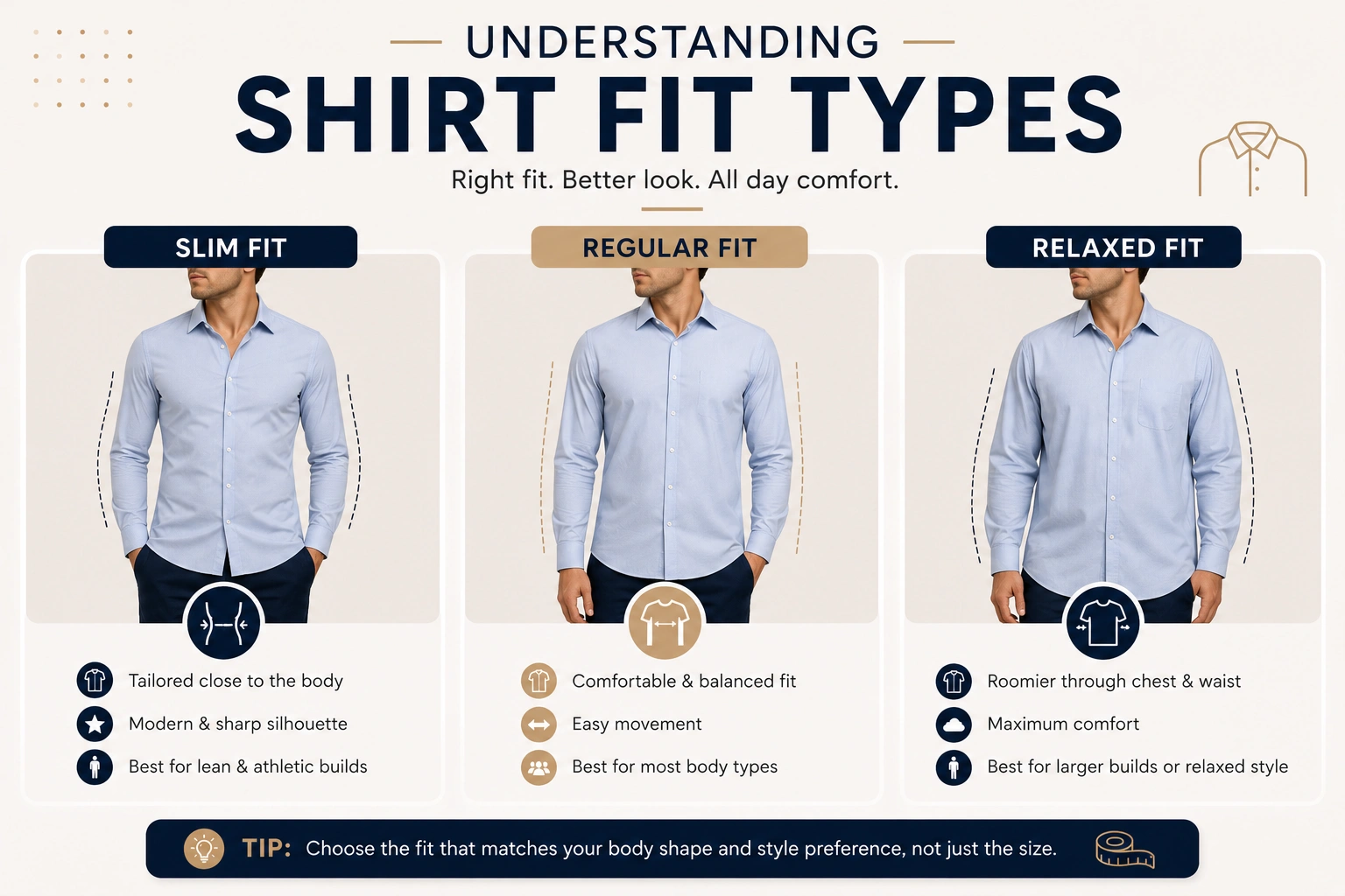 Comparison of slim fit regular fit and relaxed fit shirts for different body types and style preferences