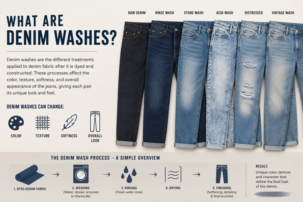 Types of denim washes explained with examples of raw denim, rinse wash, stone wash, acid wash, distressed denim, and vintage wash jeans
