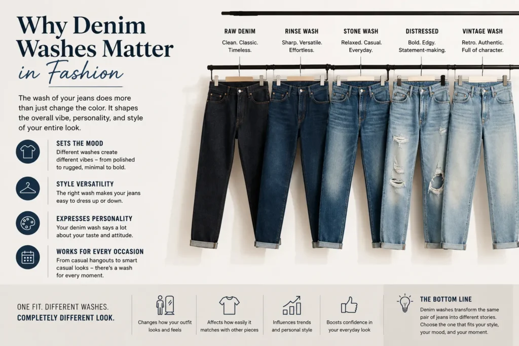 Why denim washes matter in fashion with examples of different types of denim washes and their impact on style and outfit appearance