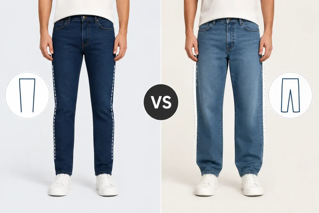 Straight fit vs regular fit jeans comparison showing silhouette and leg shape differences in men's fashion