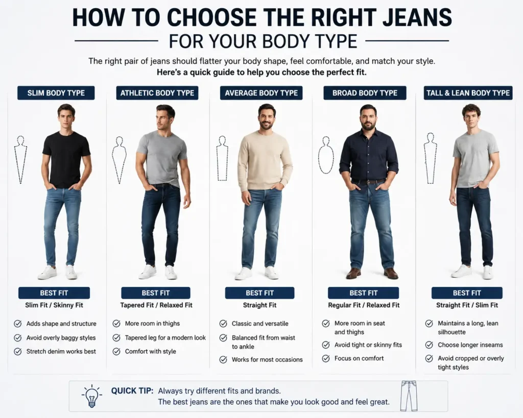 Types of jeans for men explained by body type including slim, athletic, average, broad, and tall body shapes