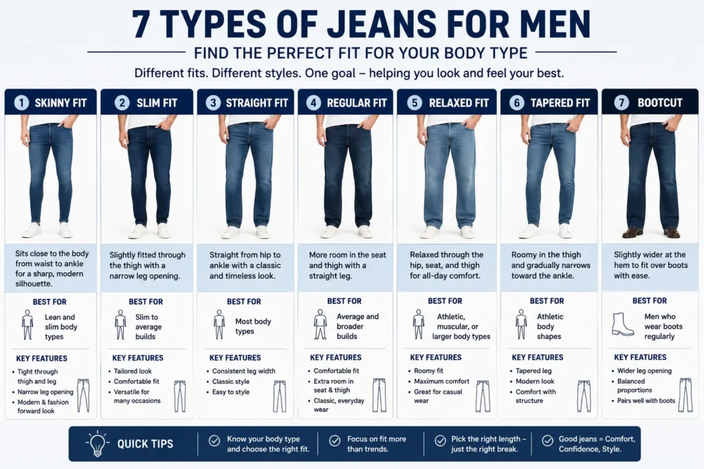 7 types of jeans for men including skinny fit slim fit straight fit regular fit relaxed fit tapered fit and bootcut jeans