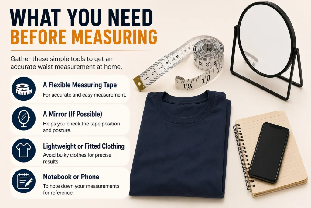 How to Measure Waist for Pants at home using a measuring tape, mirror, fitted clothing, and notebook