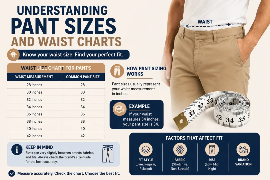 How to Measure Waist for Pants using a waist size chart and pant sizing guide