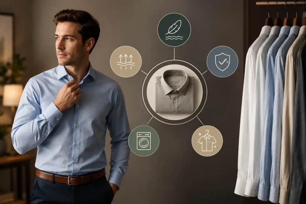 Man wearing a premium blue shirt showcasing comfort, breathability, durability, and fabric quality factors in shirt selection.