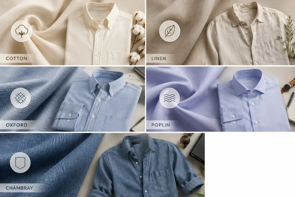 Comparison of the best fabric for shirts including cotton, linen, Oxford, poplin, and chambray showcasing texture, comfort, breathability, and style.