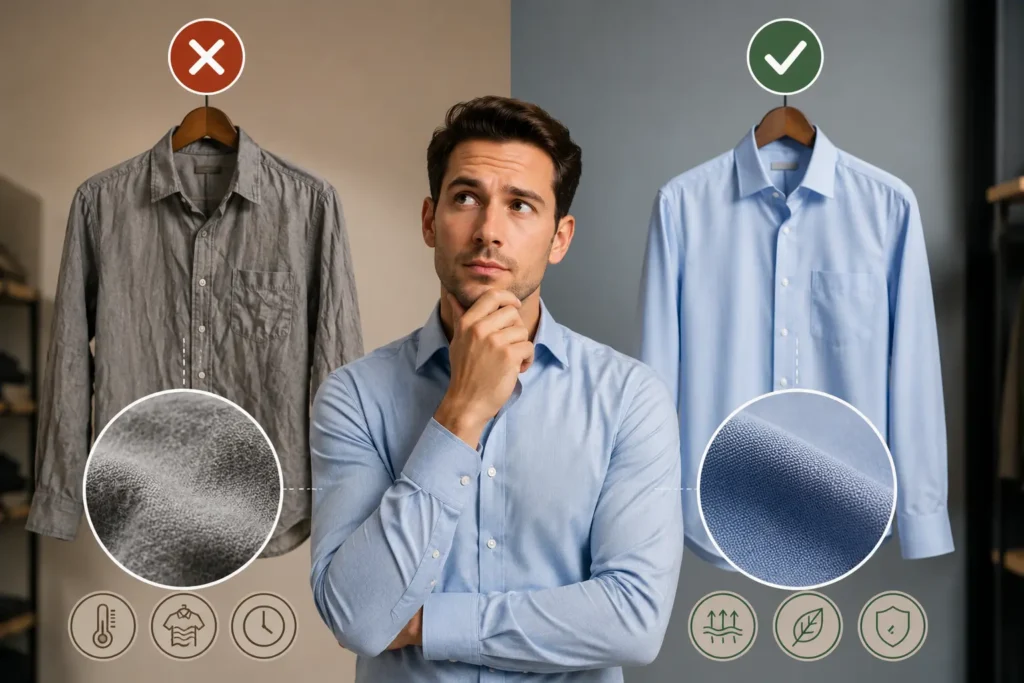 Shopper comparing poor quality and premium shirt fabrics to make a better purchasing decision.