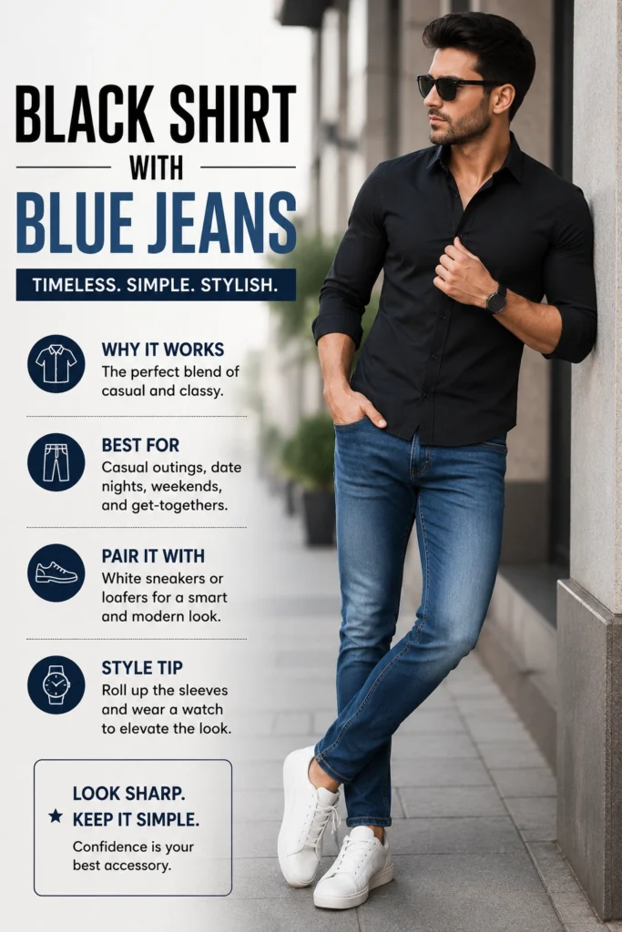 Black shirt combination with blue jeans for men casual outfit styling