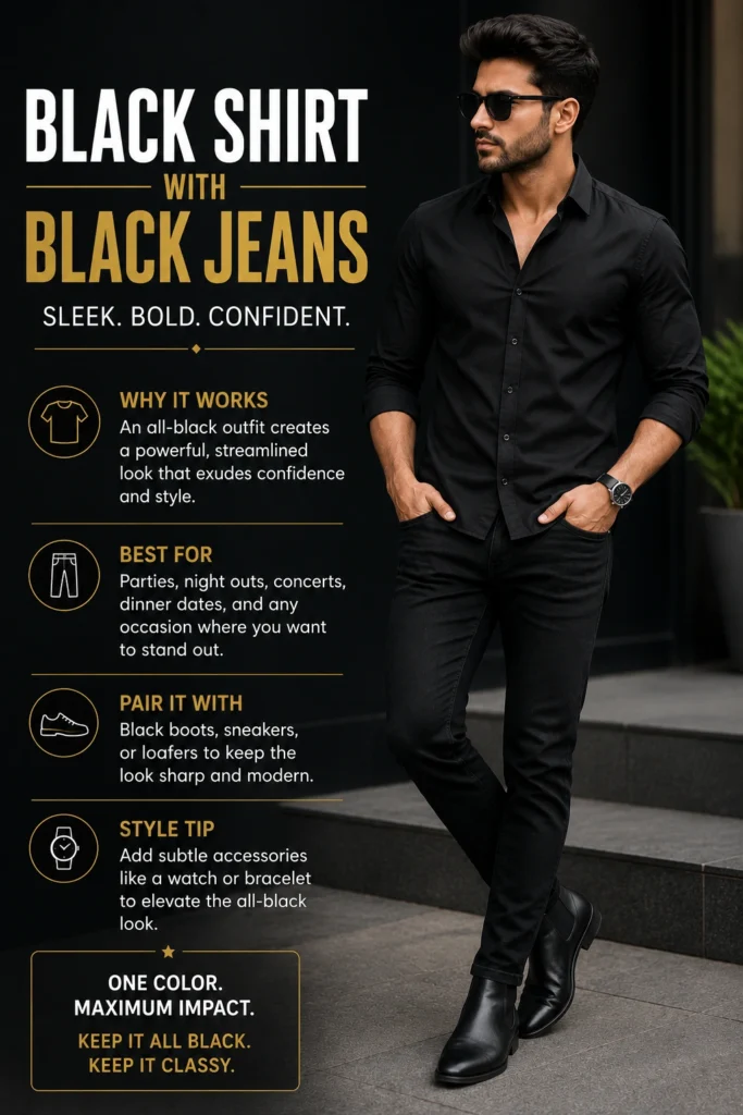 Black shirt combination with black jeans monochrome outfit for men
