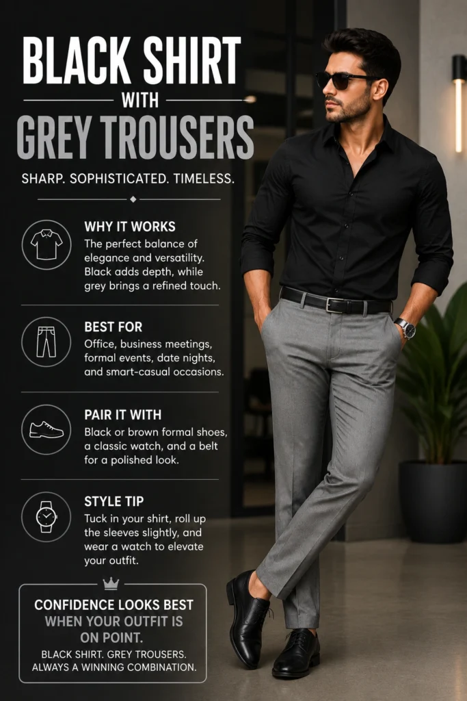 Black shirt combination with grey trousers for smart casual men's fashion
