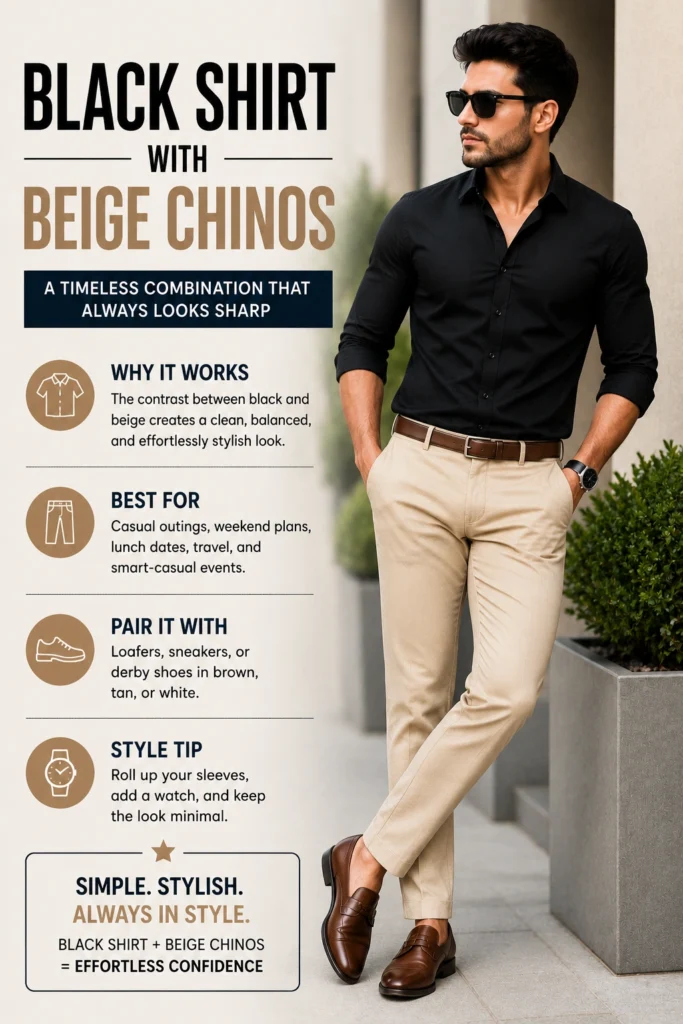 Black shirt combination with beige chinos stylish men's outfit