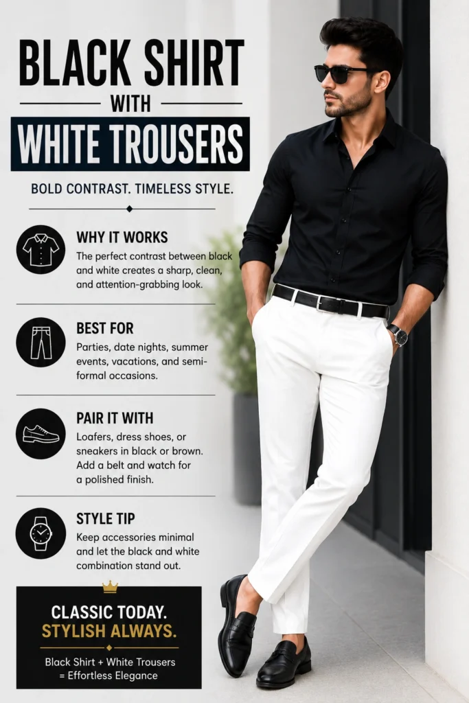 Black shirt combination with white trousers bold contrast outfit for men