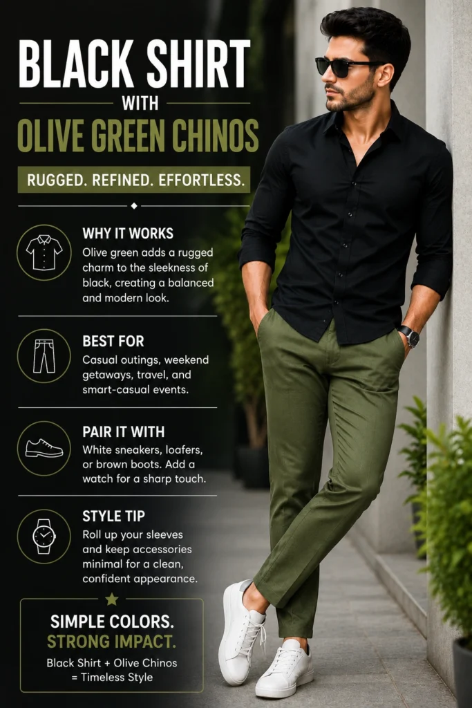 Image Alt Text Title Caption Description Black Shirt with Blue Jeans Black shirt combination with blue jeans for men casual outfit styling Black Shirt Combination with Blue Jeans Timeless black shirt combination with blue jeans for a smart casual look. A stylish men's outfit featuring a black shirt paired with blue jeans, showcasing one of the most versatile black shirt combination ideas for casual outings and weekend wear. Black Shirt with Black Jeans Black shirt combination with black jeans monochrome outfit for men Black Shirt Combination with Black Jeans Sleek all black outfit featuring a modern black shirt combination. A sophisticated monochrome black shirt combination with black jeans that creates a bold, confident, and contemporary men's fashion statement. Black Shirt with Grey Trousers Black shirt combination with grey trousers for smart casual men's fashion Black Shirt Combination with Grey Trousers Refined black shirt combination perfect for office and smart casual occasions. A polished black shirt combination featuring grey trousers that balances sophistication and versatility for professional and semi formal settings. Black Shirt with Beige Chinos Black shirt combination with beige chinos stylish men's outfit Black Shirt Combination with Beige Chinos Elegant black shirt combination with beige chinos for effortless style. A fashionable black shirt combination paired with beige chinos, offering a balanced and modern look suitable for casual and smart casual occasions. Black Shirt with White Trousers Black shirt combination with white trousers bold contrast outfit for men Black Shirt Combination with White Trousers Classic black shirt combination with white trousers for timeless elegance. A striking black shirt combination featuring white trousers that creates a sharp contrast and sophisticated appearance for parties and semi formal events. Black Shirt with Olive Green Chinos
