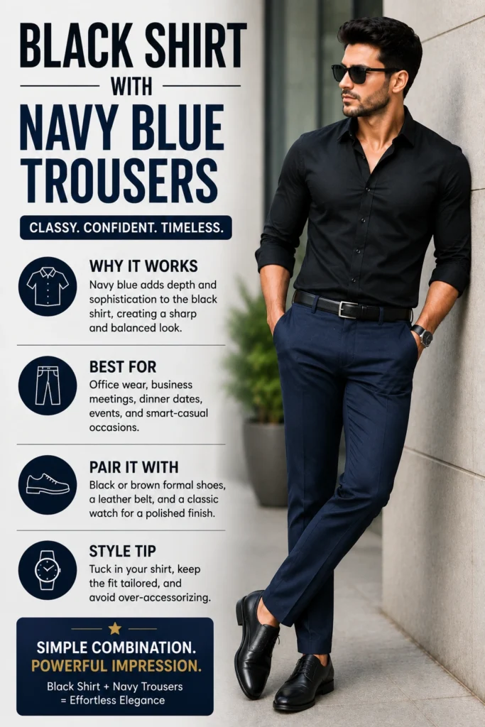 Black shirt combination with navy blue trousers formal outfit inspiration