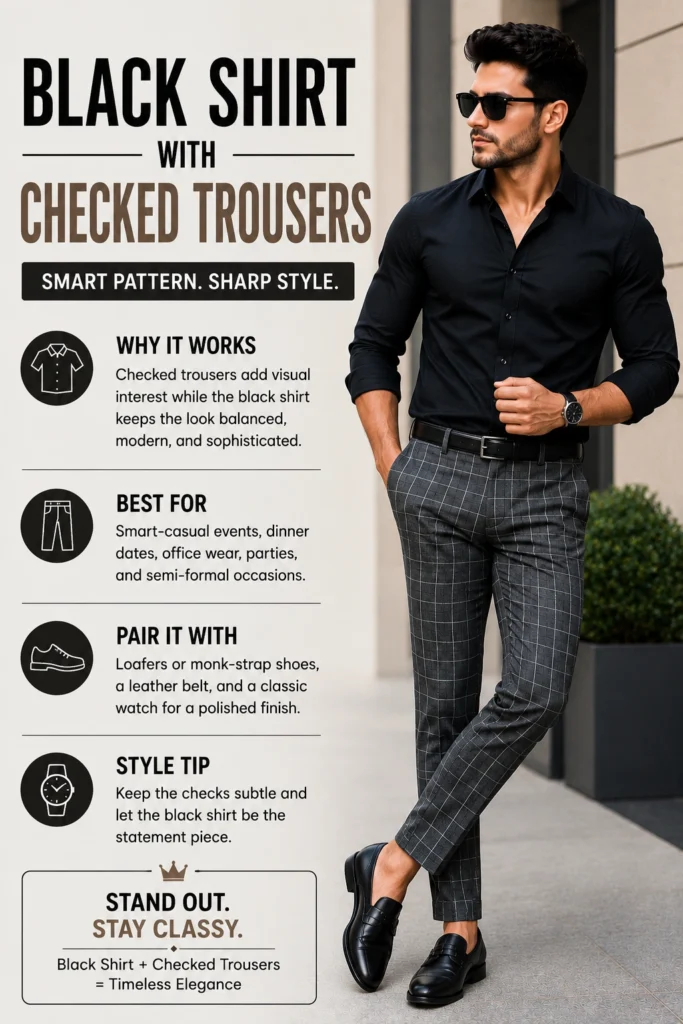Black shirt combination with checked trousers smart casual men's outfit