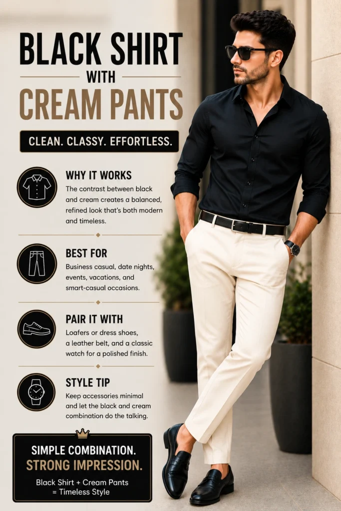 Black shirt combination with cream pants elegant men's style