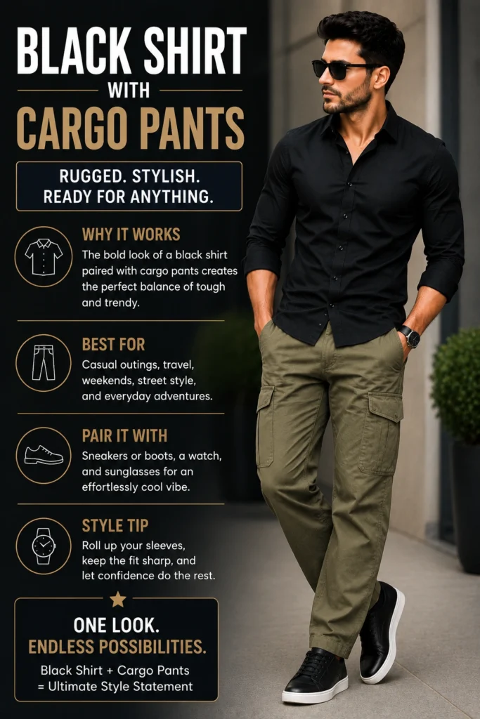 Black shirt combination with cargo pants casual street style outfit