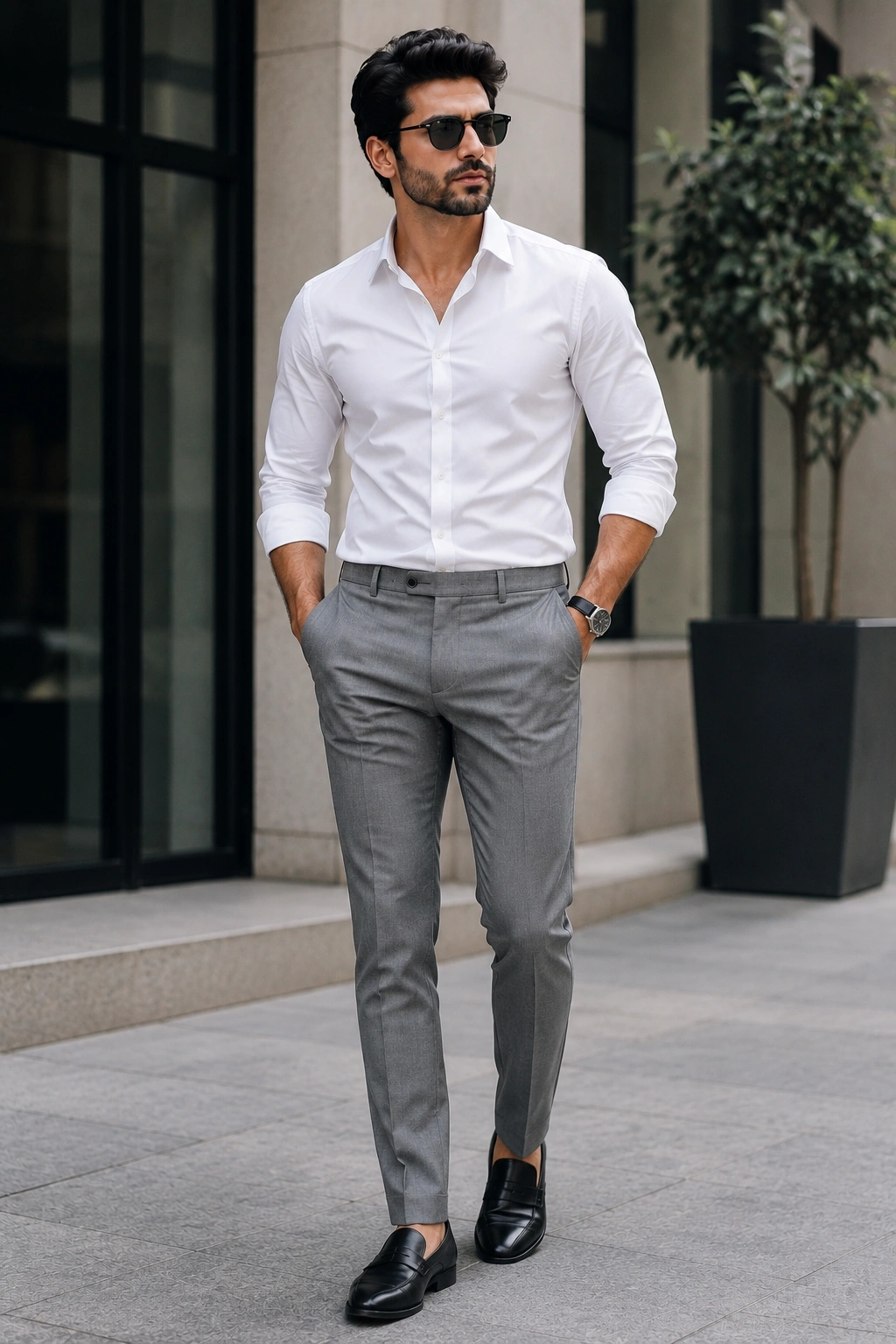 White shirt combination with grey trousers smart formal styling for men