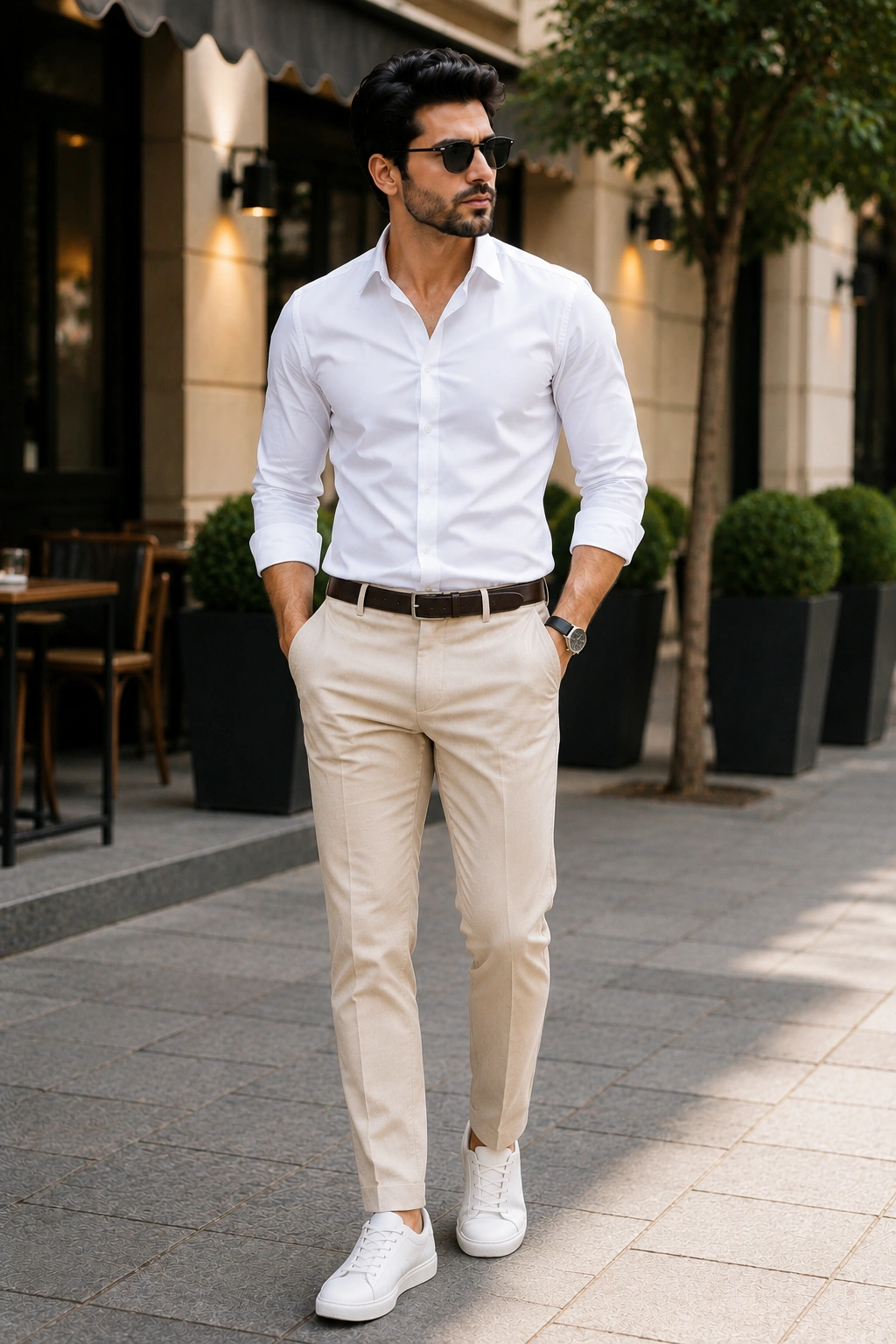 White shirt combination with beige chinos smart casual fashion for men