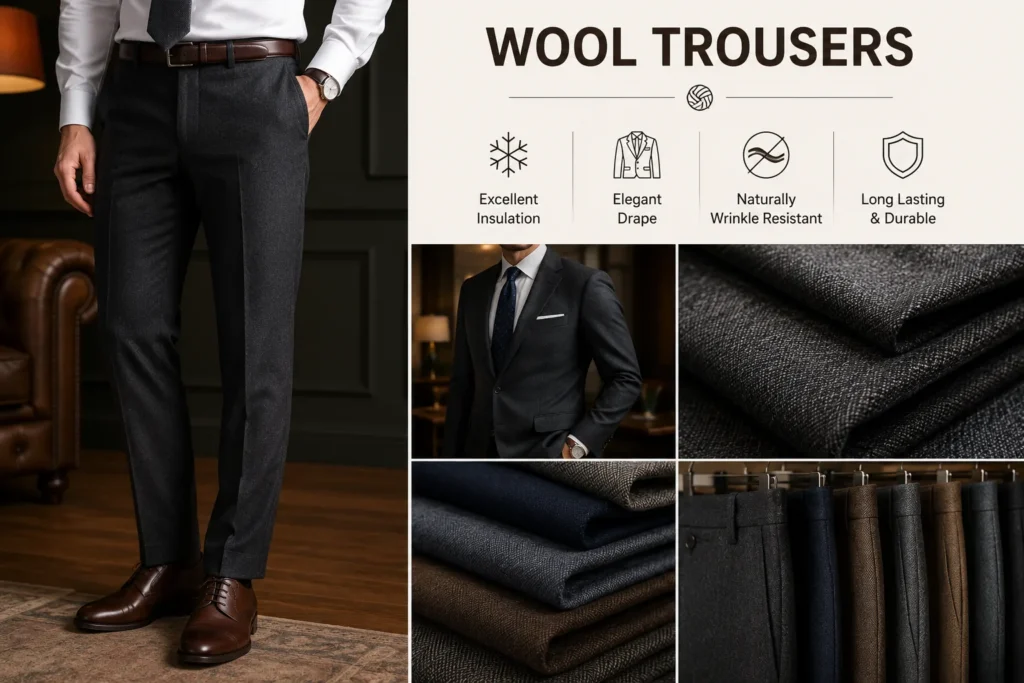 Best fabric for trousers showcasing premium wool trousers for formal and professional occasions