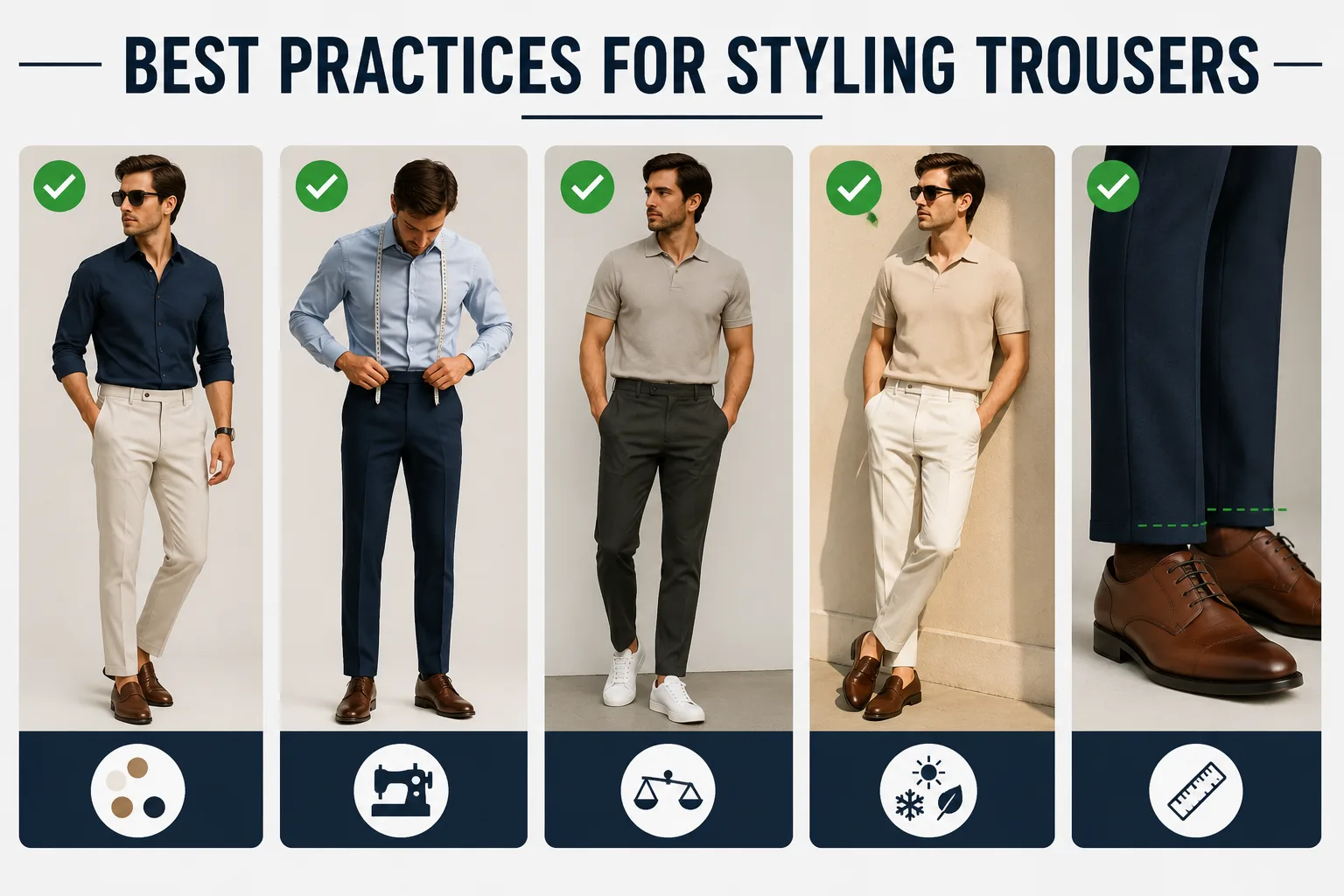 Common mistakes men make when choosing and wearing trousers including poor fit wrong length and fabric selection