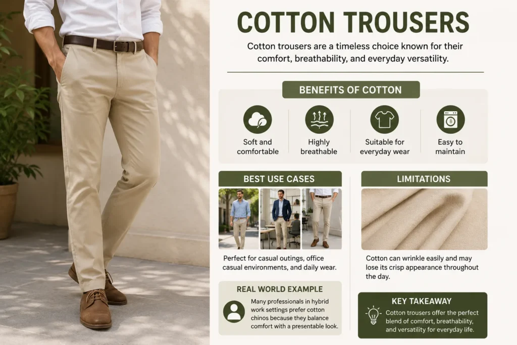 Best fabric for trousers featuring comfortable cotton trousers for everyday wear and office casual styling
