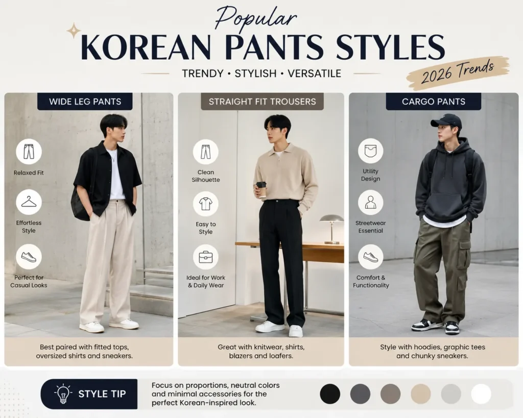 Popular korean pants outfit styles including wide leg pants, straight fit trousers, and cargo pants