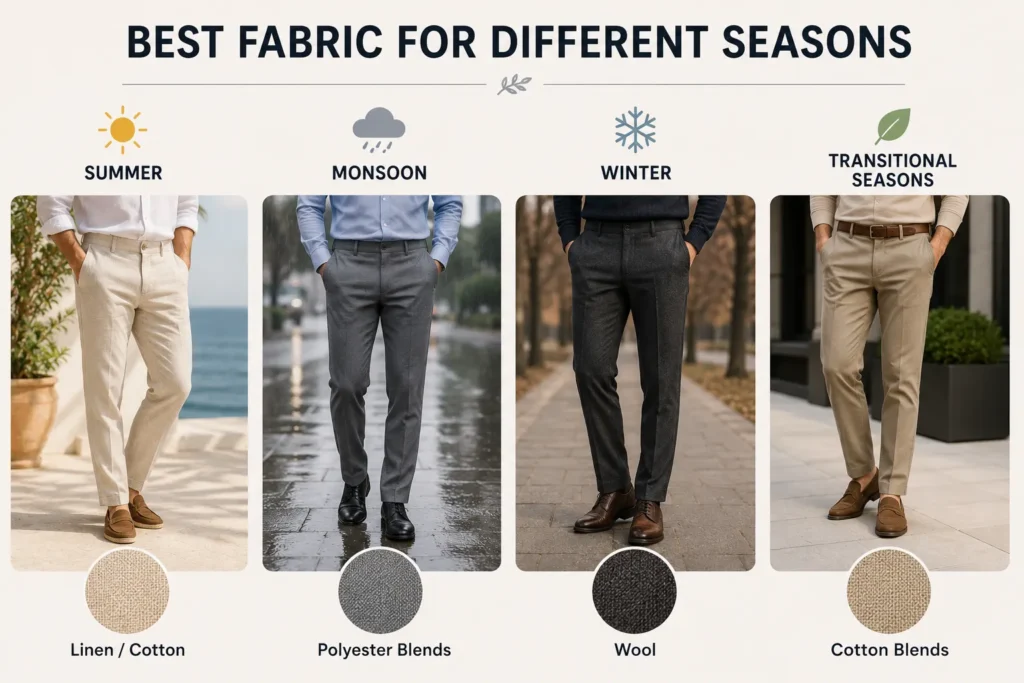 Best fabric for trousers guide showing ideal trouser fabrics for summer monsoon winter and transitional seasons