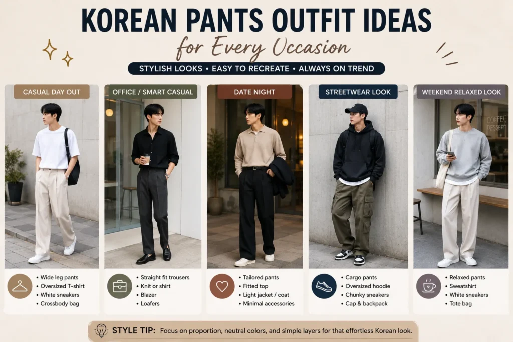 Korean pants outfit ideas for casual outings work dates and streetwear fashion