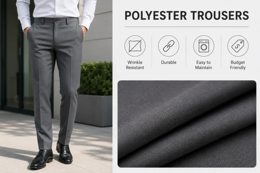 Best fabric for trousers featuring durable polyester trousers with wrinkle resistant properties