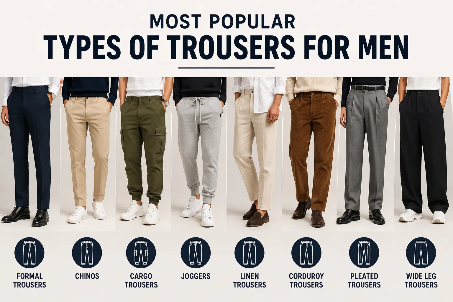 Types of trousers for men including formal trousers chinos cargo trousers joggers linen trousers corduroy trousers pleated trousers and wide leg trousers
